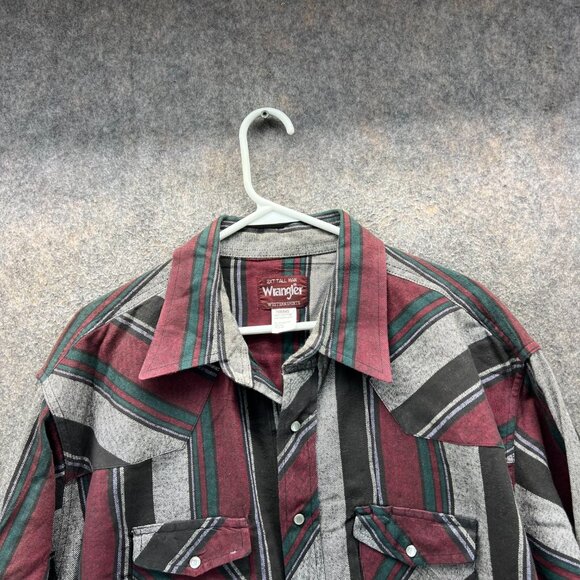 Wrangler Shirt Mens 2XL Red Stripes Pearl Snap Tall Western Brush Popper Cowboy - Picture 9 of 10